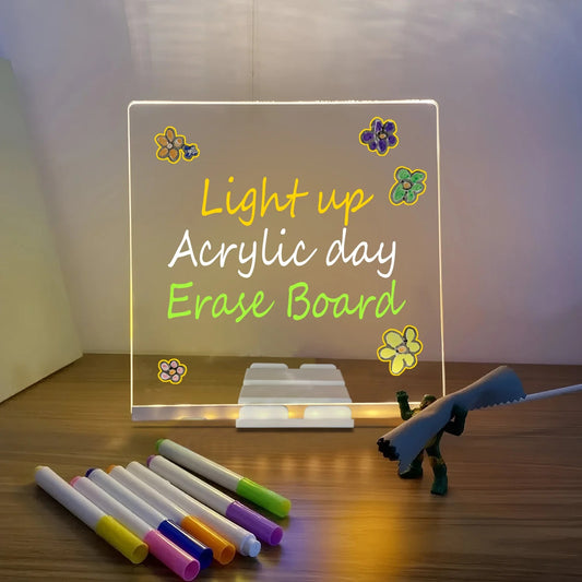 LED Light-Up Writing Board with 7 Markers – 15×15cm Erasable Message Pad with Stand