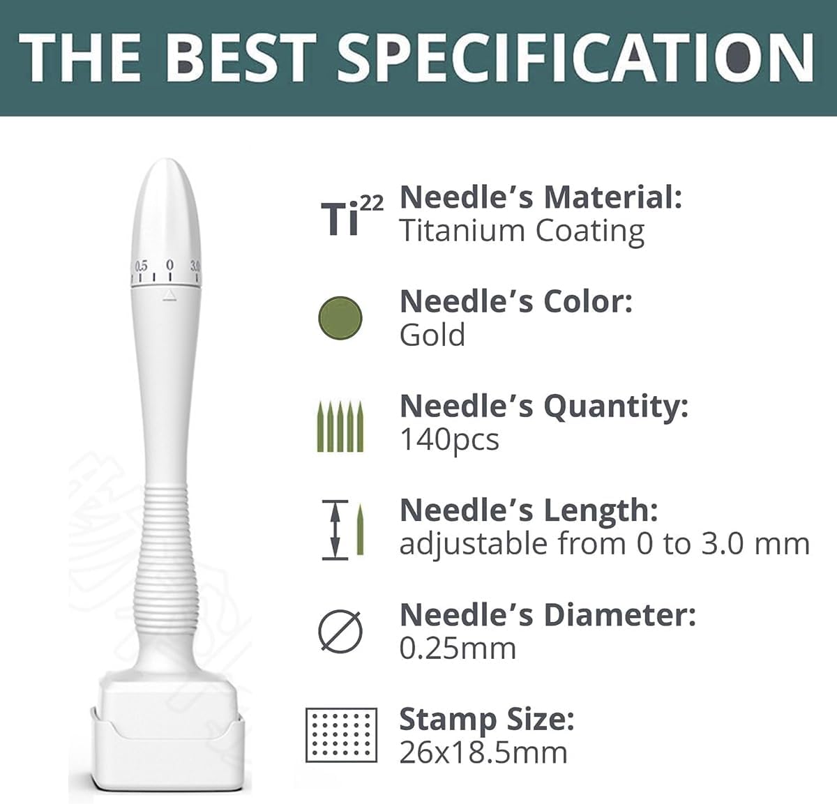 Professional Derma Stamp Adjustable 0–3mm – 140 Pin Titanium Micro Needling Tool for Face, Beard & Scalp Care