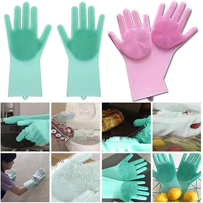 Silicone Dishwashing & Cleaning Pair Gloves,Reusable Heat Resistant Scrubber Gloves