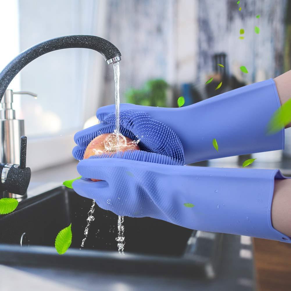 Silicone Dishwashing & Cleaning Pair Gloves,Reusable Heat Resistant Scrubber Gloves