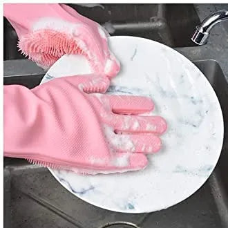 Silicone Dishwashing & Cleaning Pair Gloves,Reusable Heat Resistant Scrubber Gloves